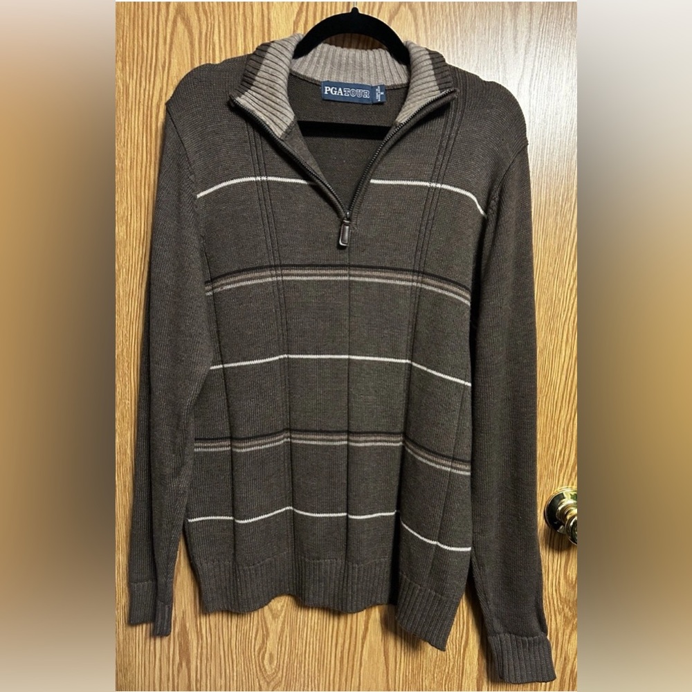 PGA Tour Signature Collection Mens Medium Brown Stripe 1/4 Zip Pullover Sweater